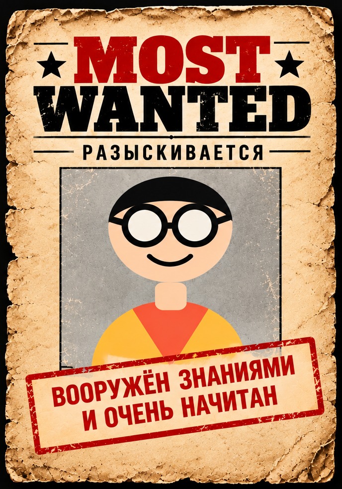 Розыскной плакат Most Wanted: разыскивается, вооружён знаниями и очень начитан