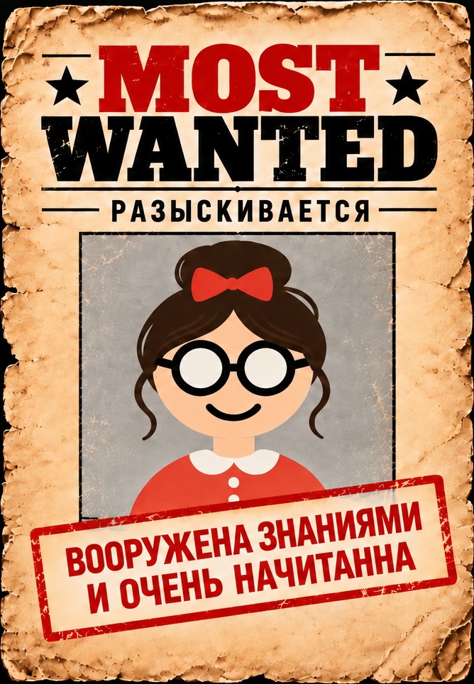 Розыскной плакат Most Wanted: разыскивается, вооружена знаниями и очень начитанна